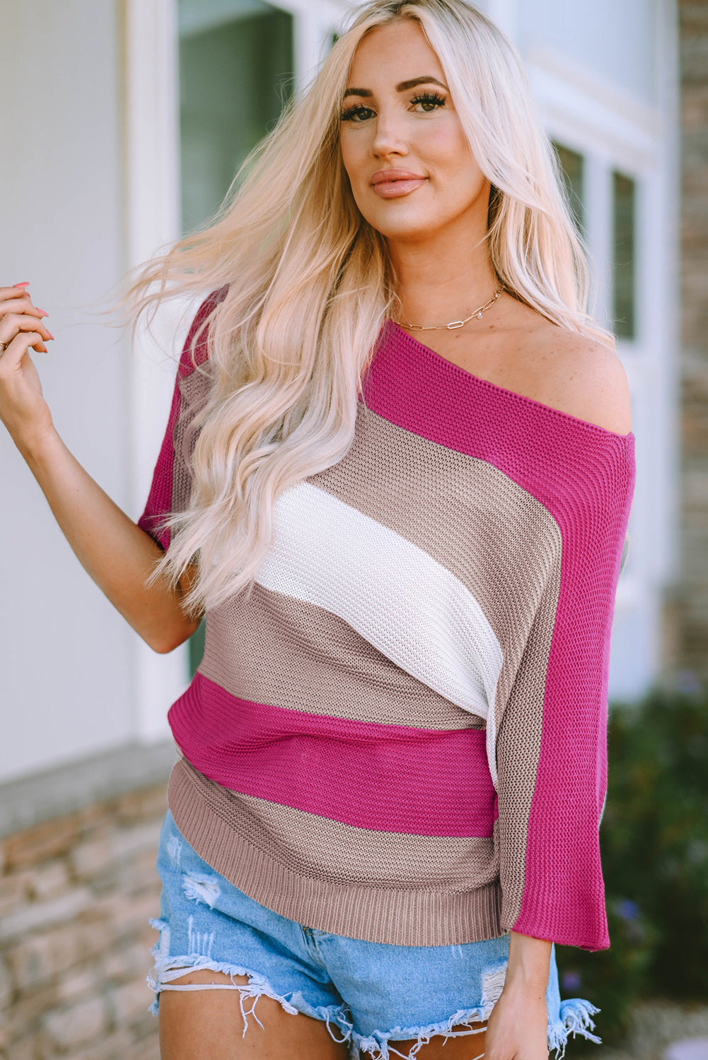 Stripe Knit Half Sleeve Sweater