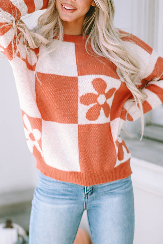 Checkered Floral Striped Sleeve Sweater