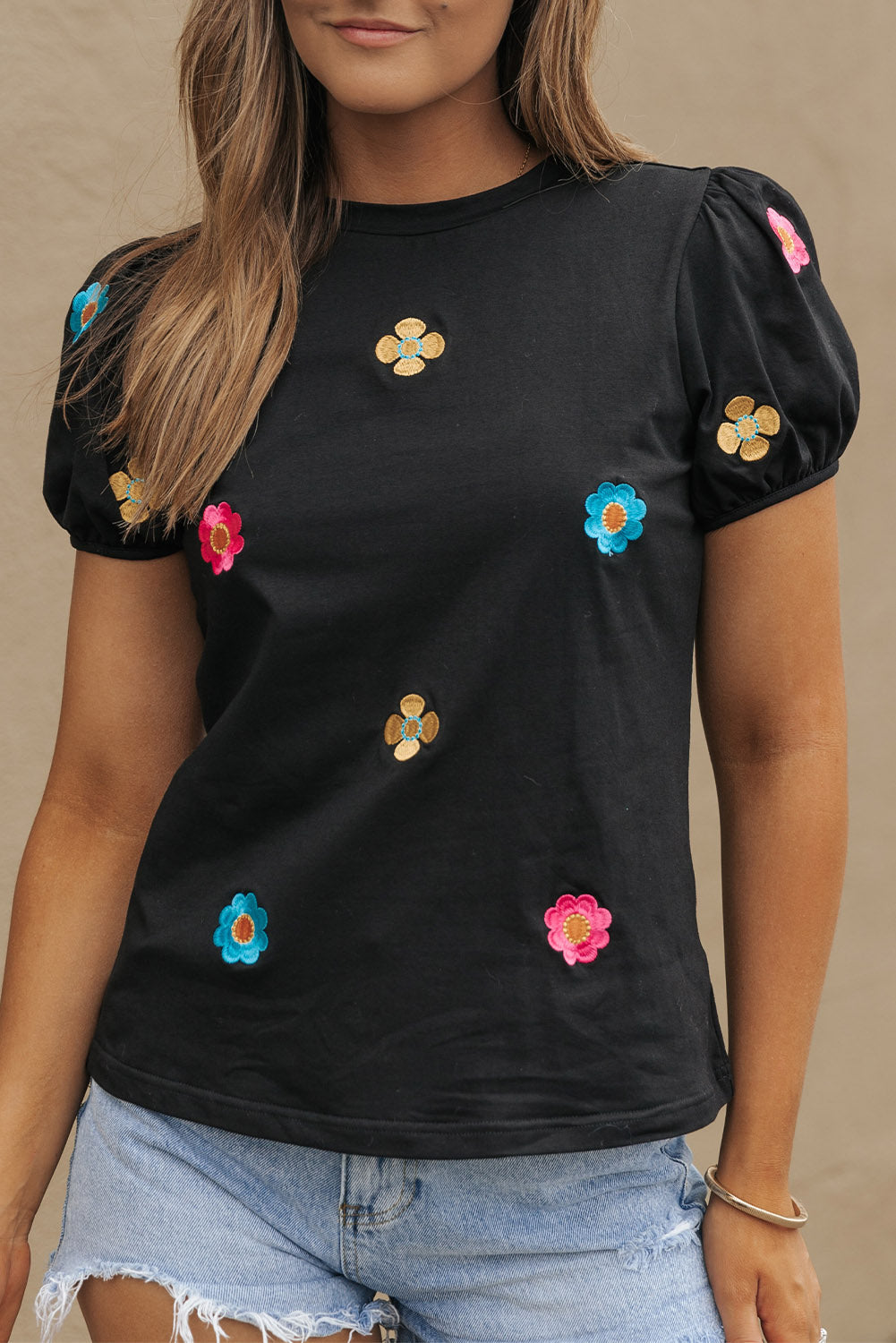 Oaklyn Embroidered Flower Short Puff Sleeve Tee - Threaded Pear