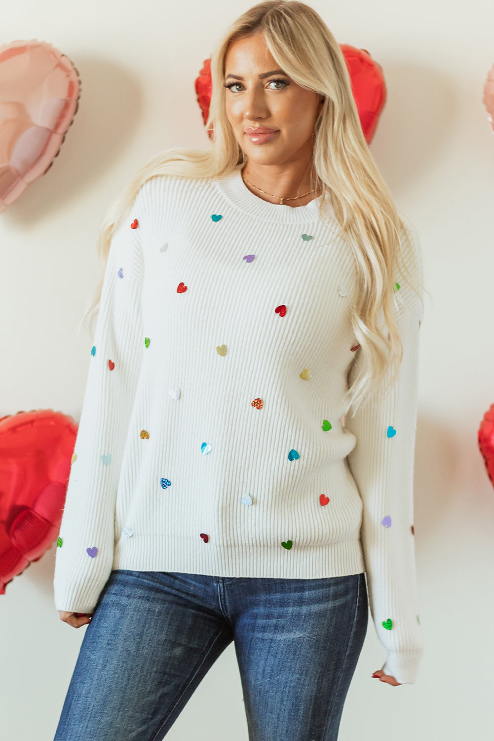 Sequin Heart Waffle Knit Sweater