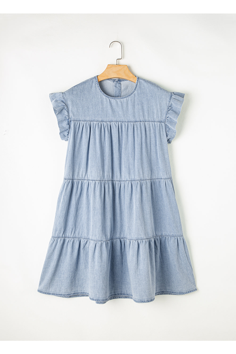 Ruffle Short Sleeve Tiered A-line Denim Dress