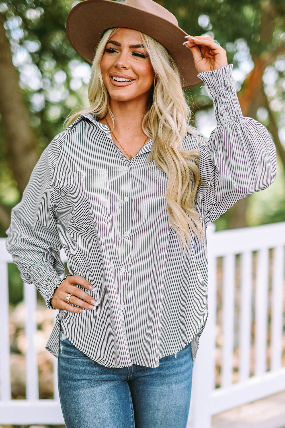 Skye Smocked Cuffed Striped Boyfriend Shirt with Pocket - Threaded Pear