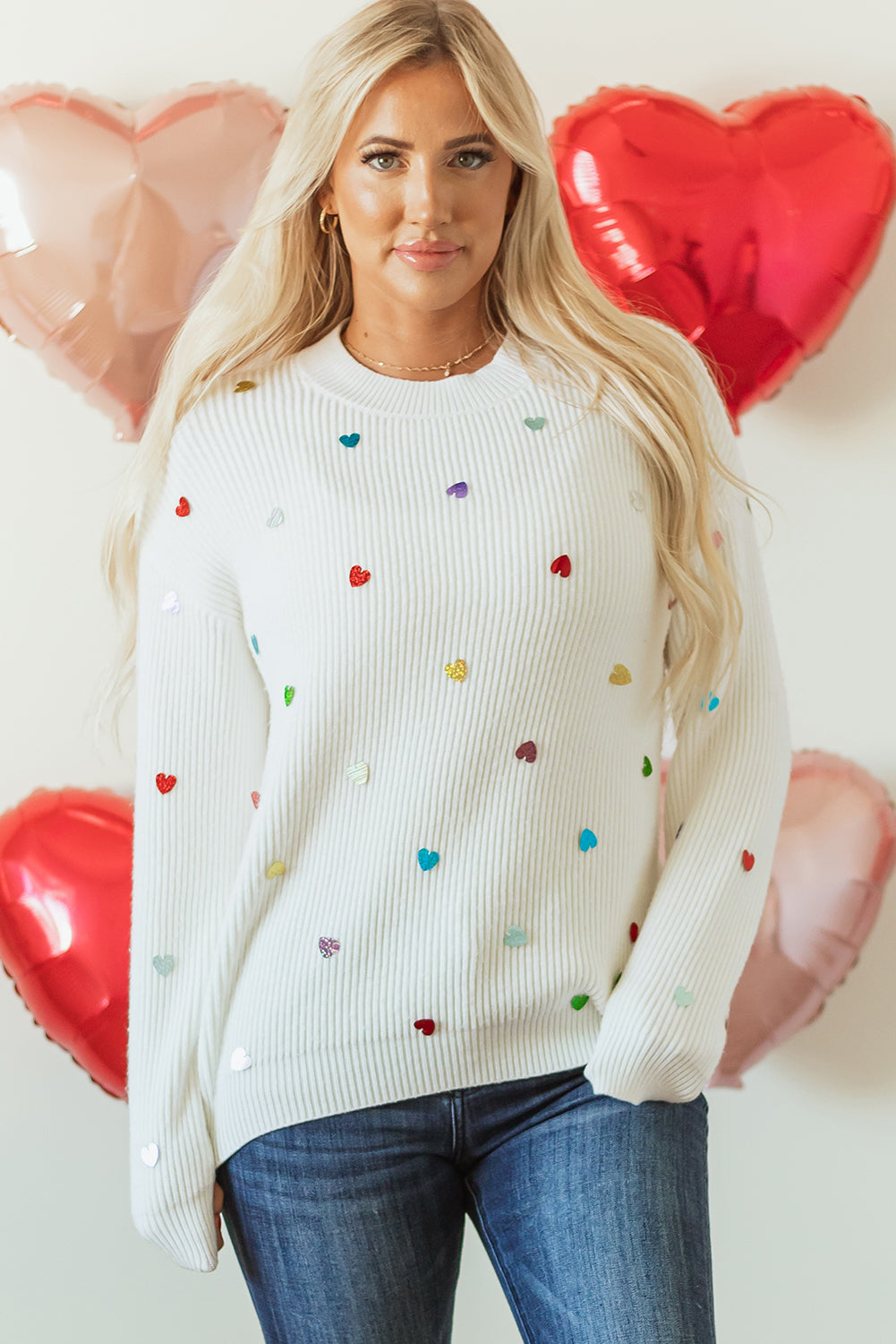 Sequin Heart Waffle Knit Sweater