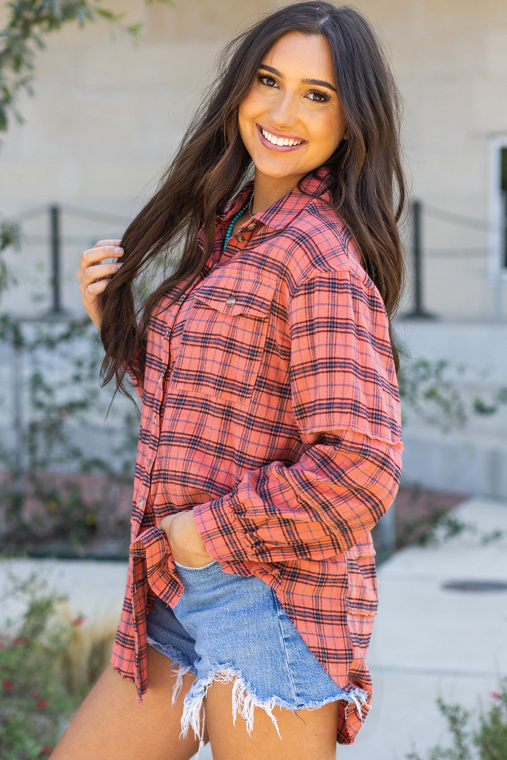 Plaid Long Sleeve Side Split Distressed Shirt