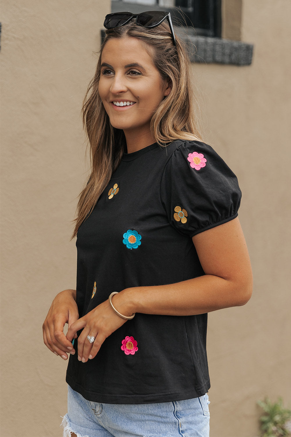 Oaklyn Embroidered Flower Short Puff Sleeve Tee - Threaded Pear