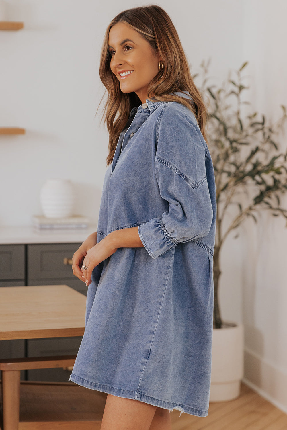 Londyn Buttoned Long Sleeve Denim Mini Dress - Threaded Pear