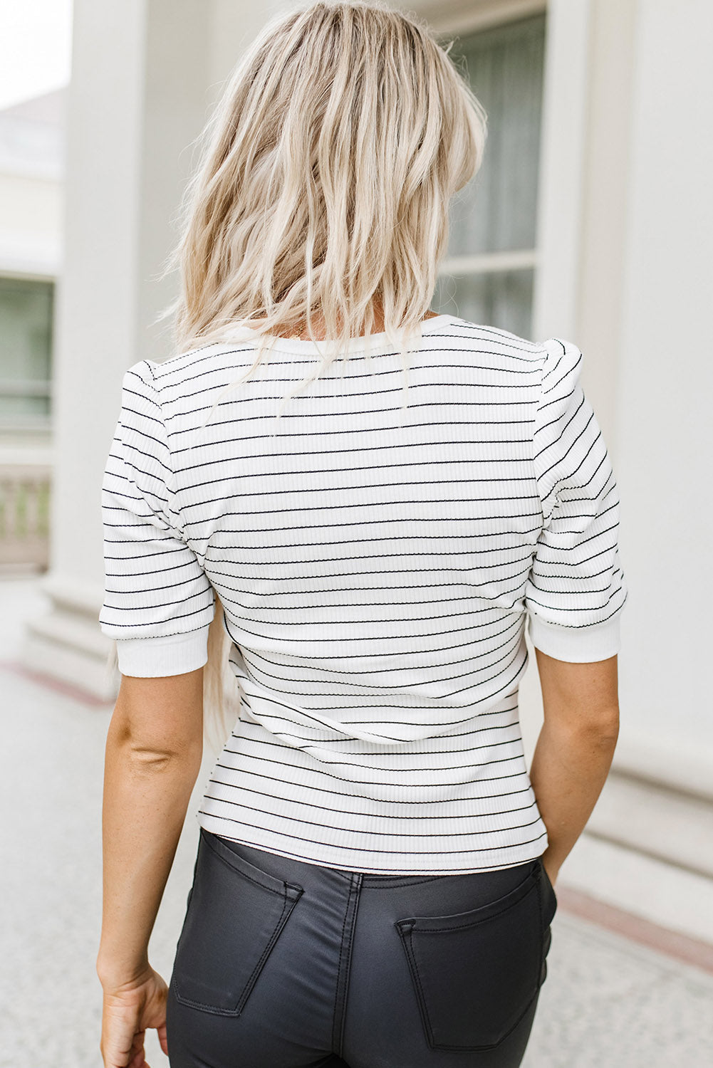 Dylan Striped Notch V Neck Short Sleeve Top - Threaded Pear