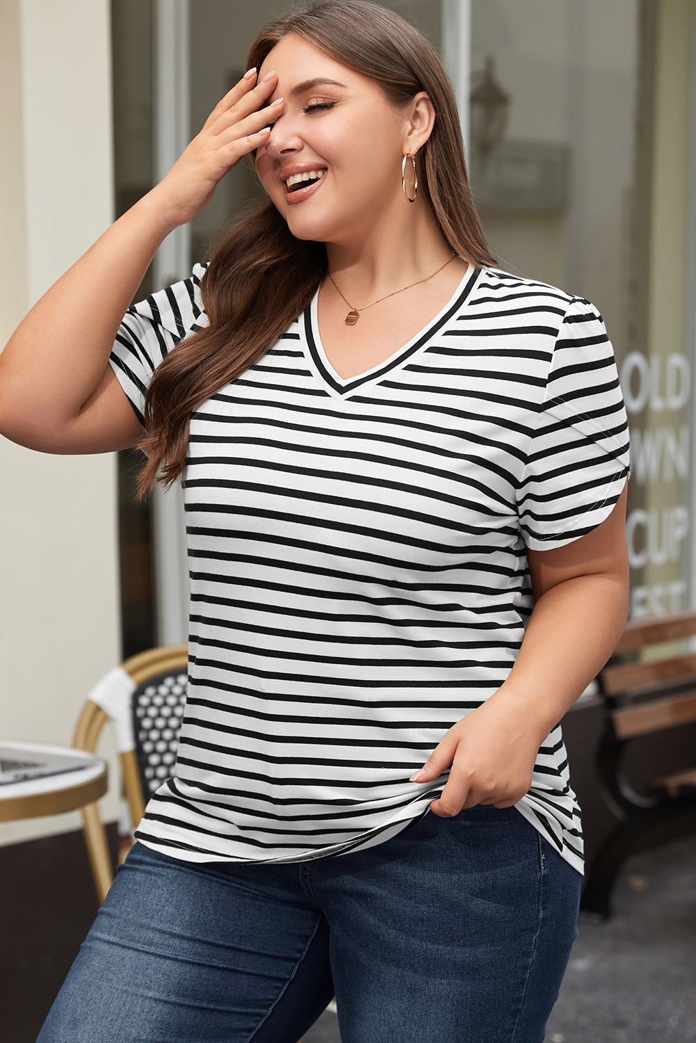 Stripe V Neck Petal Sleeve Plus Size Top