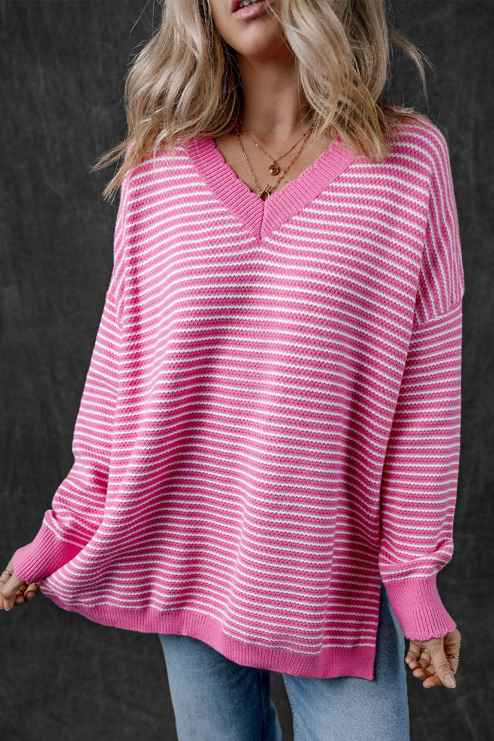 Alana Striped Scallop V Neck Loose Sweater