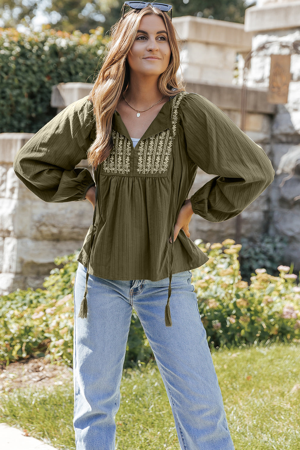 Embroidered Split Neck Top