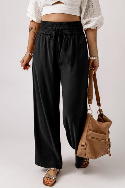 Kenzie Drawstring Elastic Waist Casual Wide Leg Pants - Threaded Pear