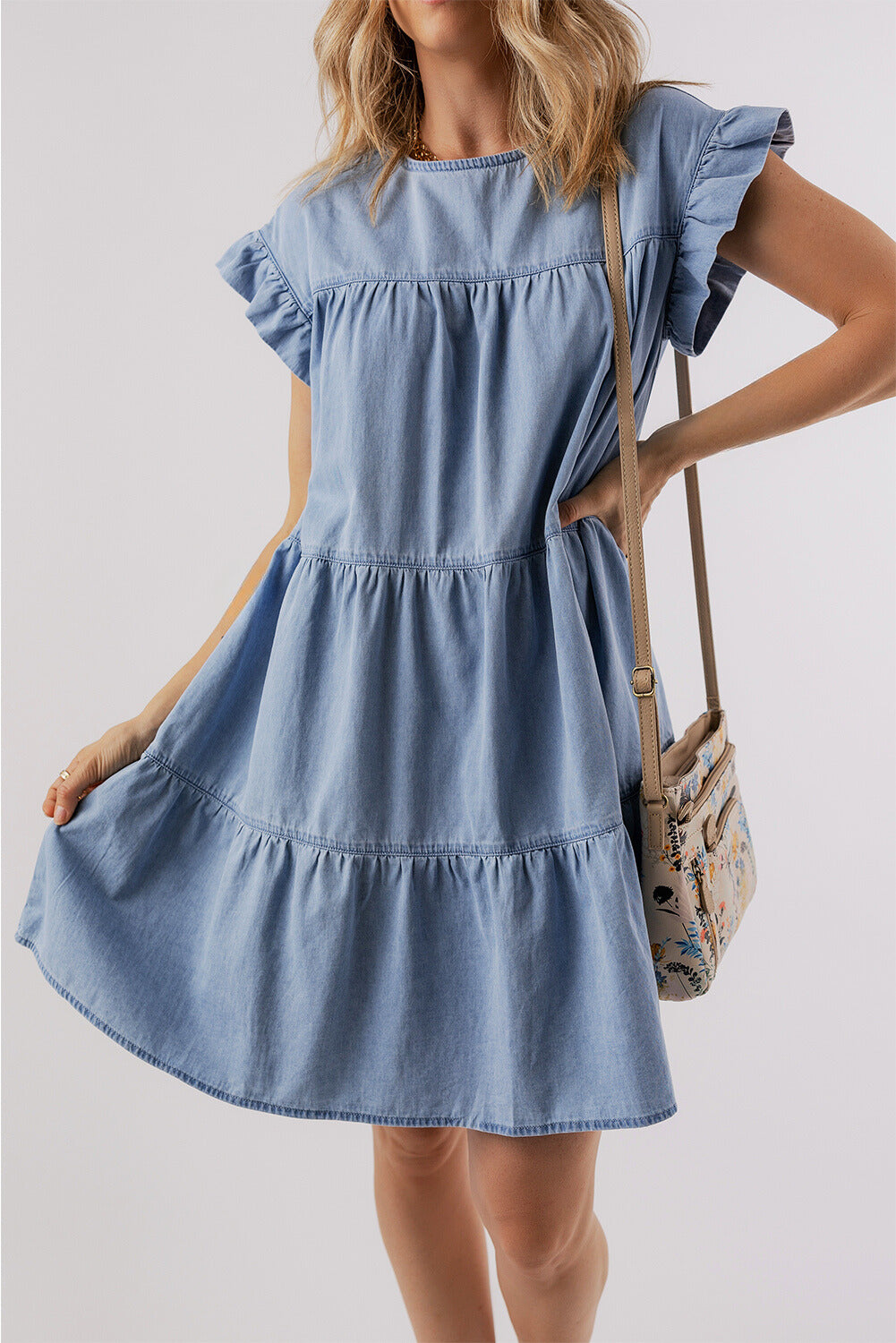 Ruffle Short Sleeve Tiered A-line Denim Dress