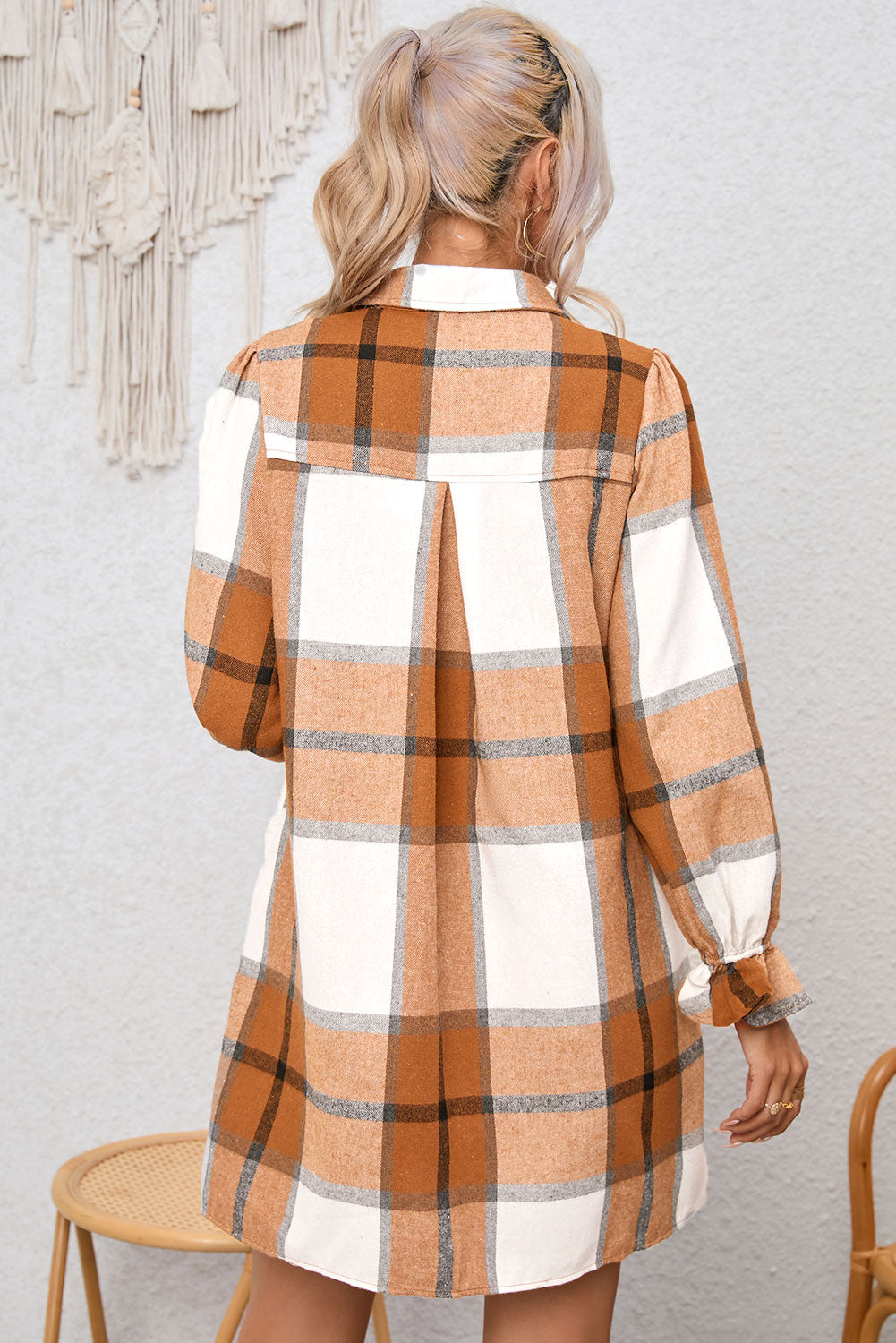 Elise Plaid Pattern Collared Neck Ruffled Sleeve Shirt Dress - Threaded Pear