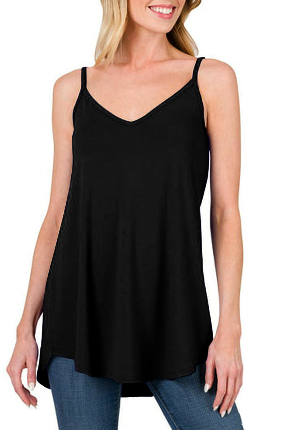 Gemma Spaghetti Strap V-Neck Flowy Tunic Tank Top - Threaded Pear