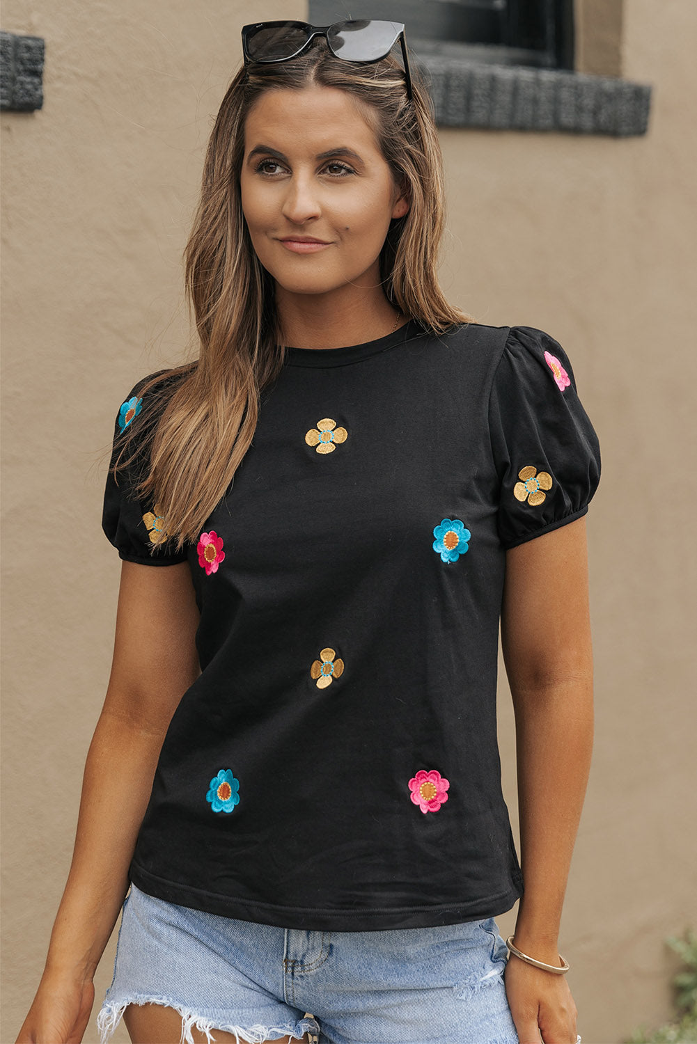 Oaklyn Embroidered Flower Short Puff Sleeve Tee - Threaded Pear