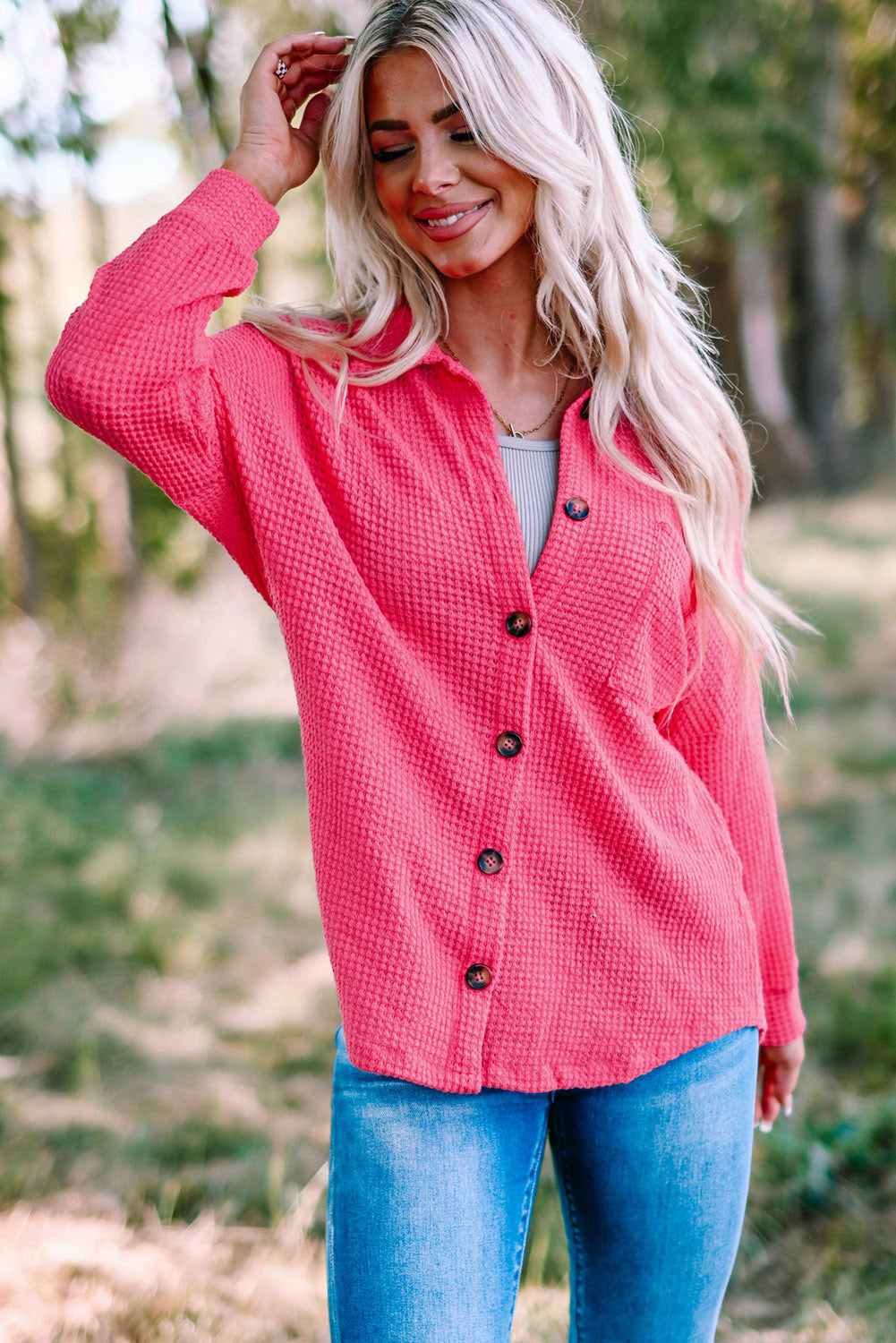 June Waffle Knit Button Up Casual Shirt - Threaded Pear