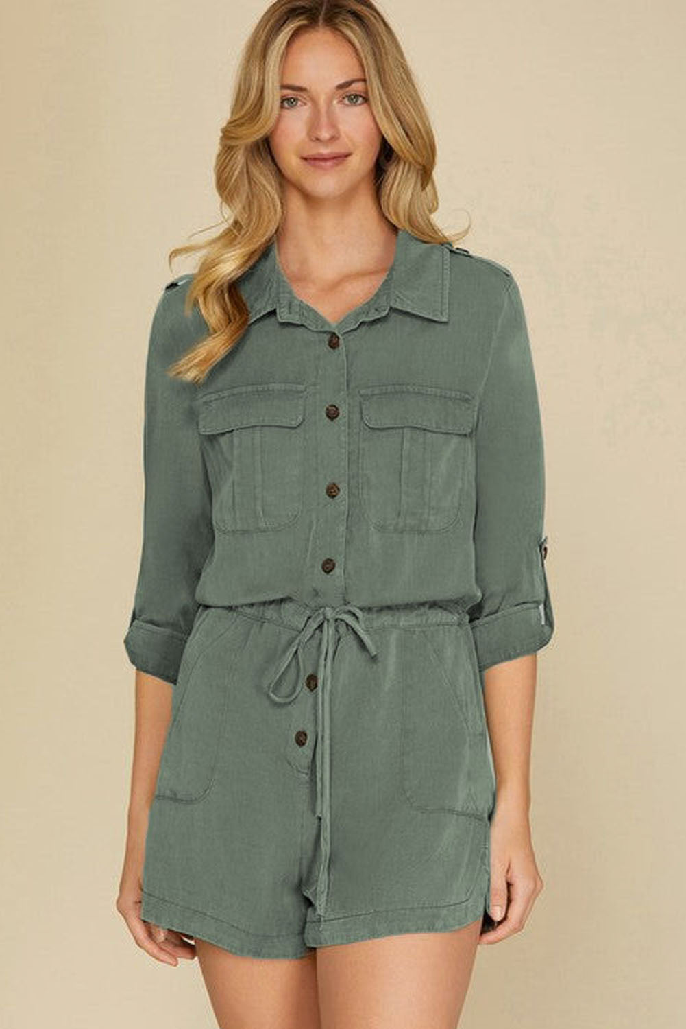 Reese Roll up Sleeve Flap Pockets Drawstring Romper - Threaded Pear