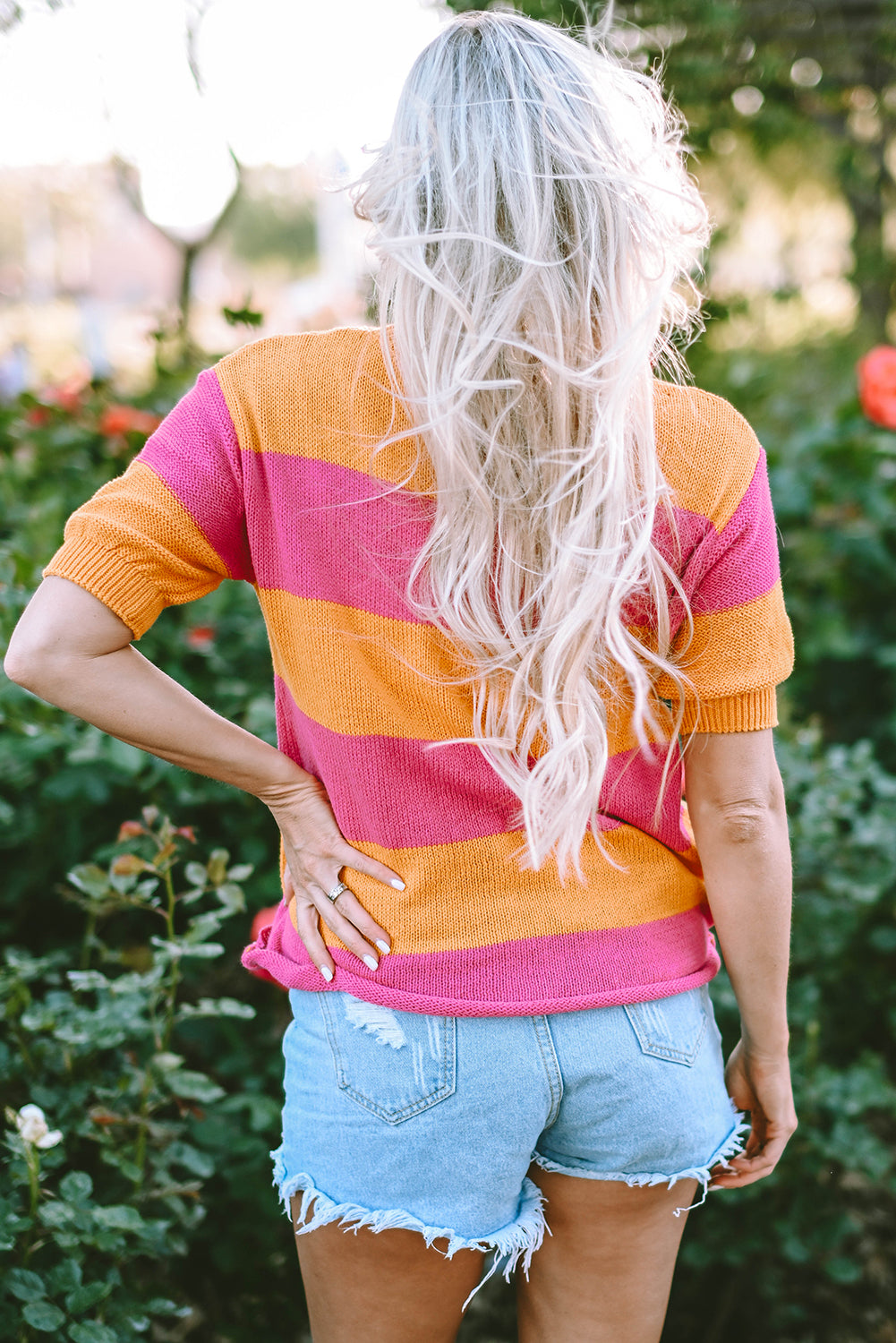 Henley Stripe Color Block Knitted T-shirt Sweater - Threaded Pear