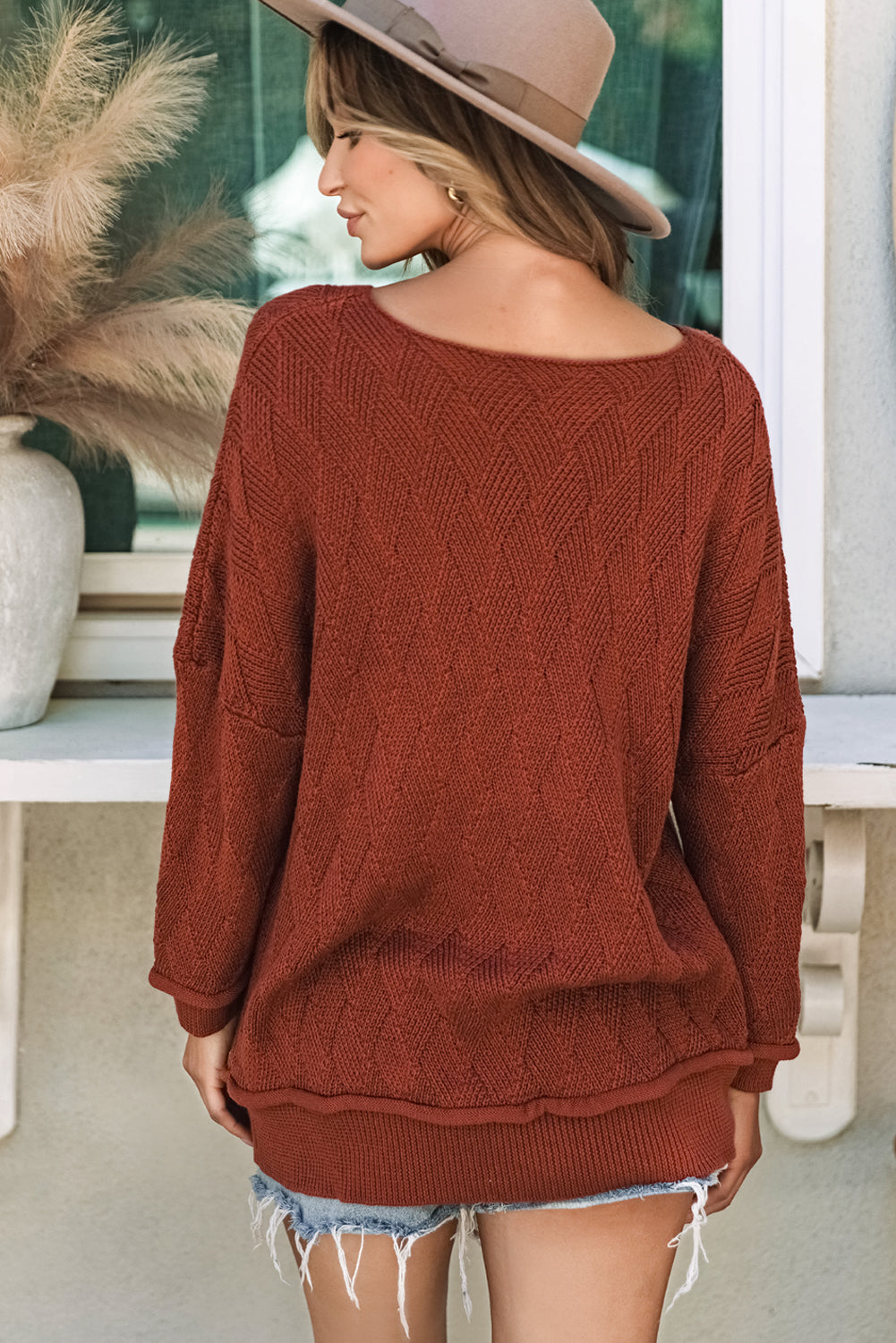 Hayden Textured Crew Neck Loose Sweater - Threaded Pear