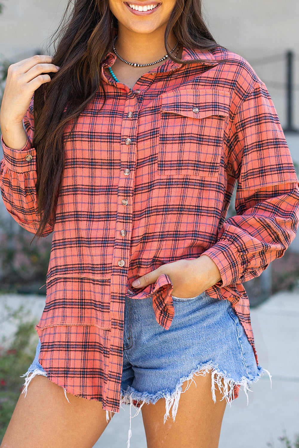 Plaid Long Sleeve Side Split Distressed Shirt