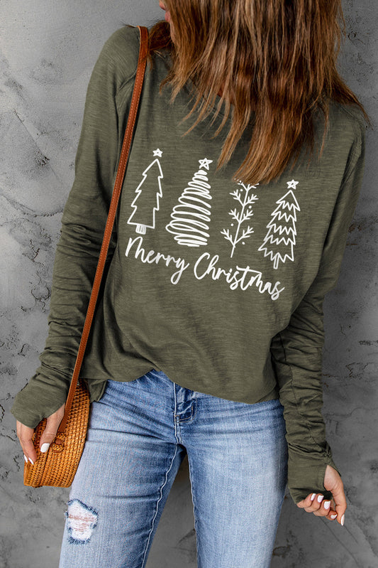 Thea Merry Christmas Trees Thumbhole Sleeve Graphic Tee - Threaded Pear