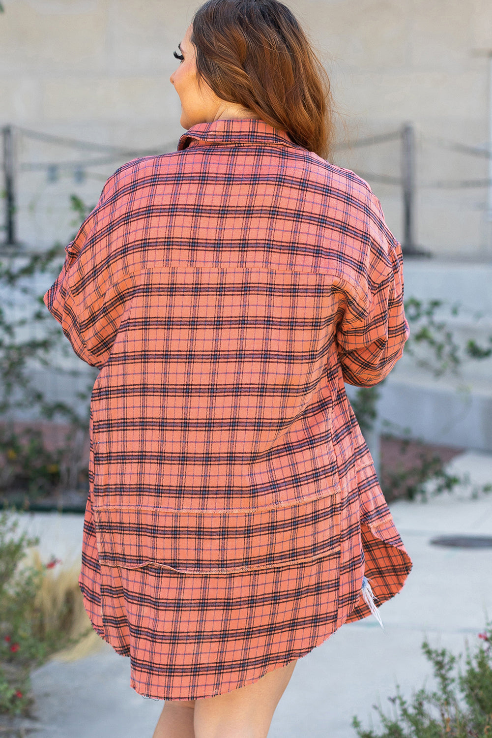 Plaid Long Sleeve Side Split Distressed Shirt