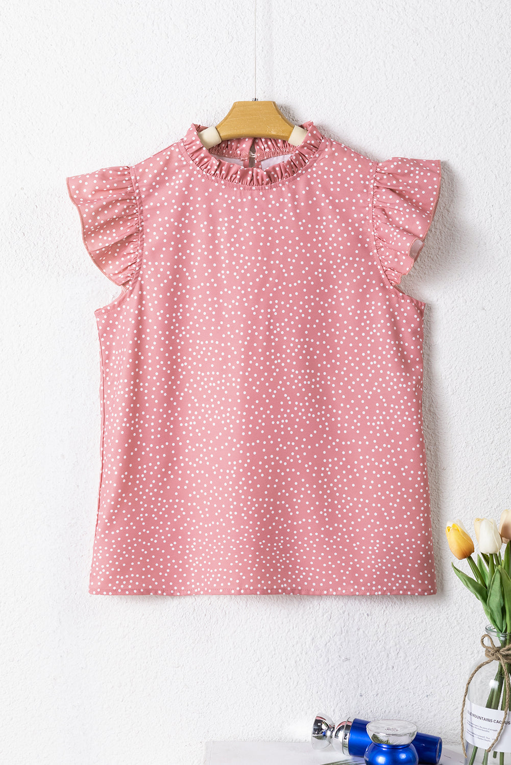 Marlowe Polka Dots Ruffle Flutter Sleeve Frilled Neck Blouse - Threaded Pear