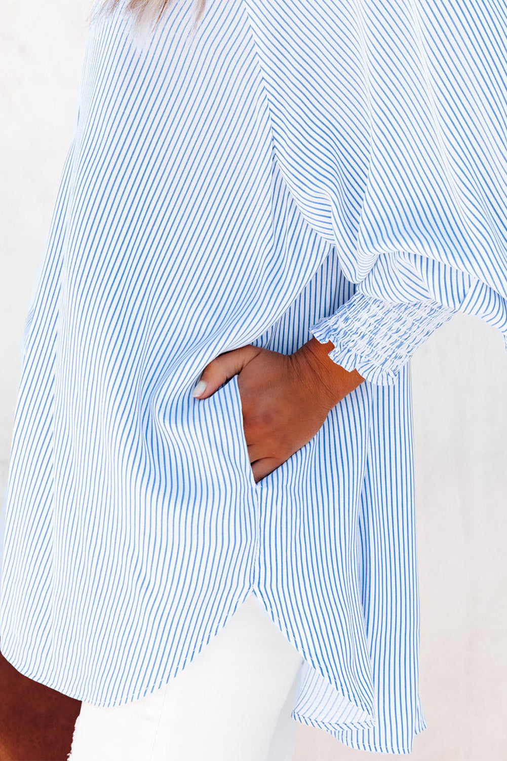 Skye Smocked Cuffed Striped Boyfriend Shirt with Pocket - Threaded Pear