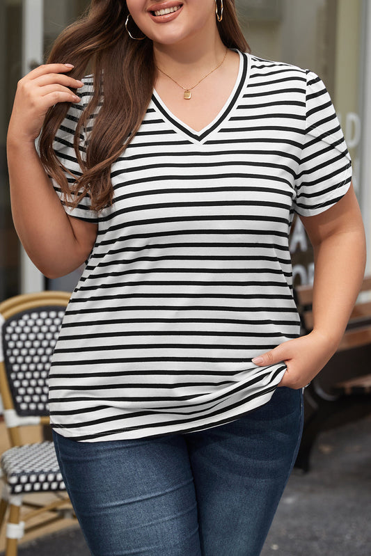 Stripe V Neck Petal Sleeve Plus Size Top