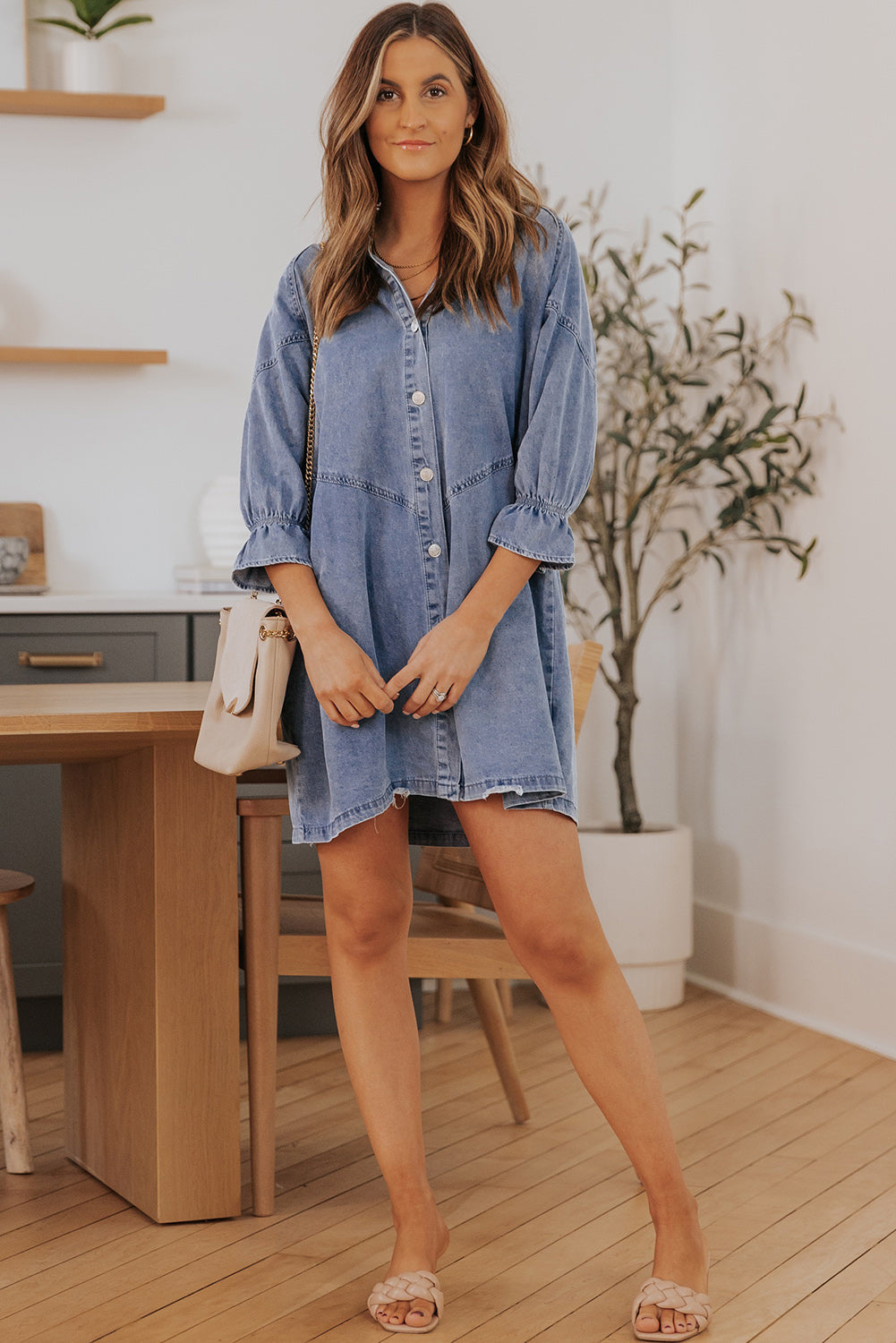 Londyn Buttoned Long Sleeve Denim Mini Dress - Threaded Pear