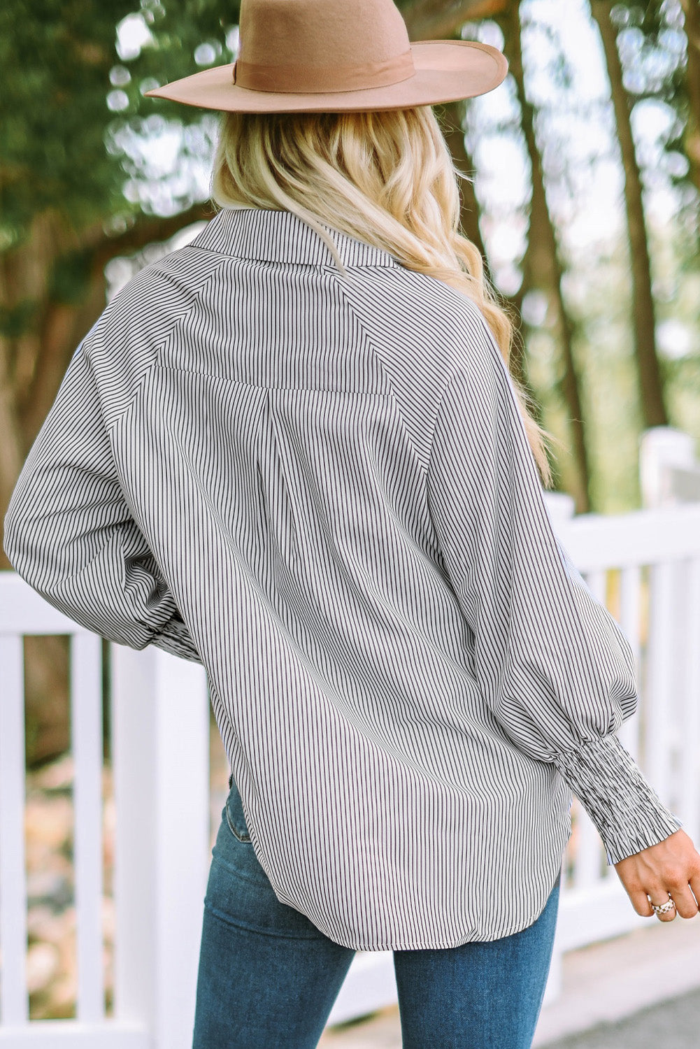 Skye Smocked Cuffed Striped Boyfriend Shirt with Pocket - Threaded Pear