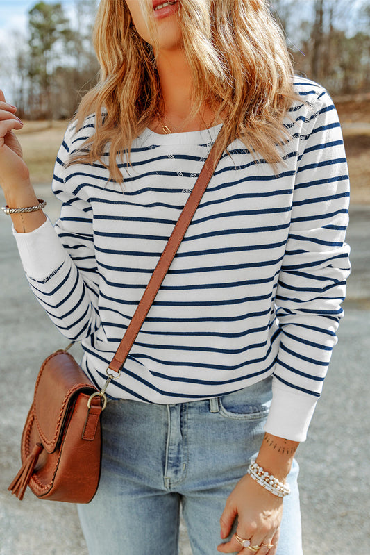 Hannah Striped Print Ribbed Trim Long Sleeve Top - Threaded Pear