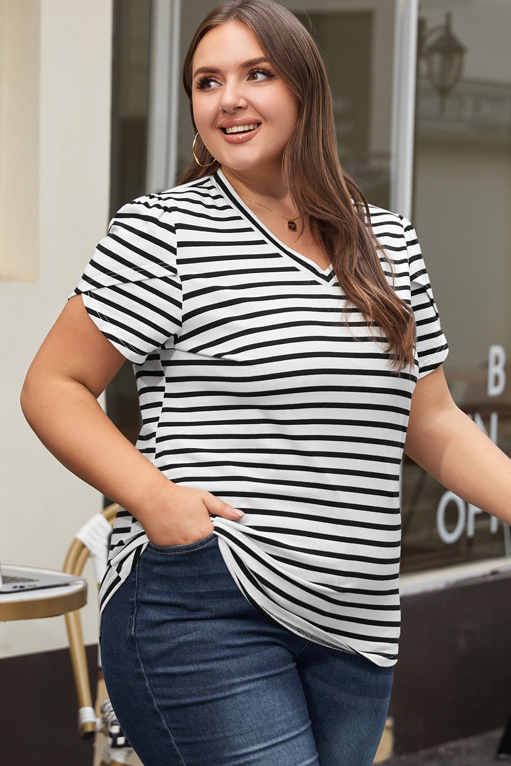 Stripe V Neck Petal Sleeve Plus Size Top