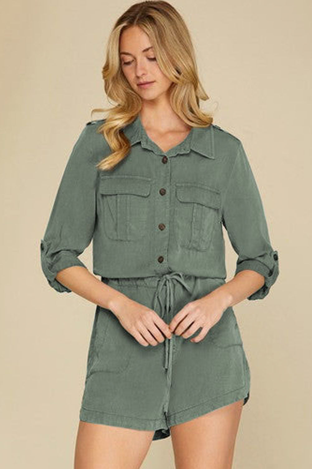 Reese Roll up Sleeve Flap Pockets Drawstring Romper - Threaded Pear