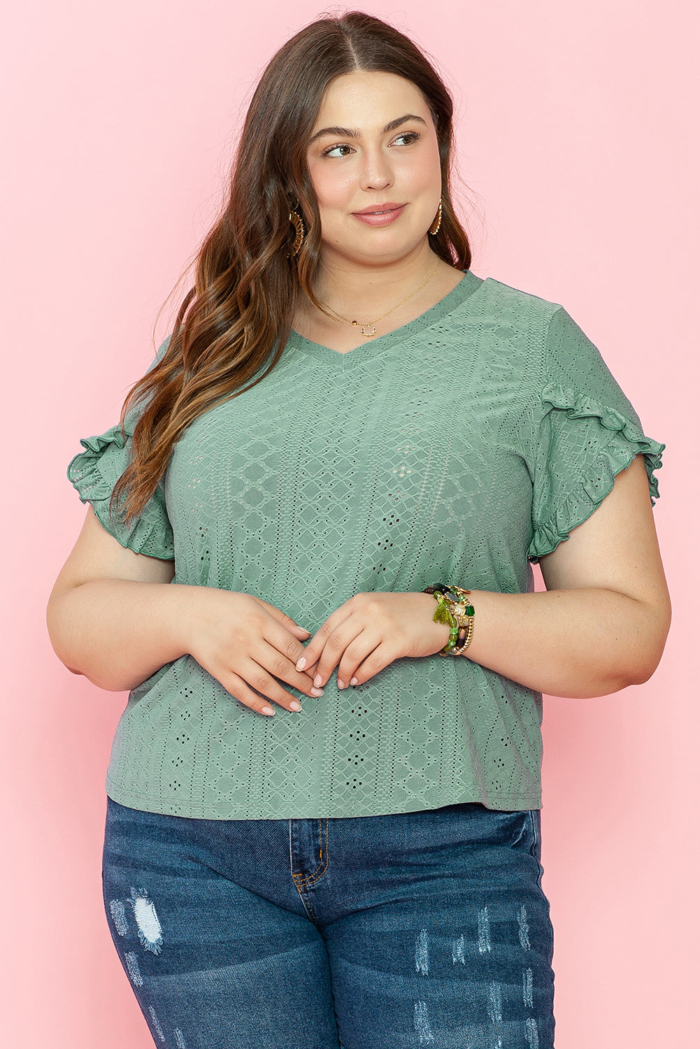 Lakelynn Petal Sleeve Jacquard V Neck Curvy Blouse - Threaded Pear