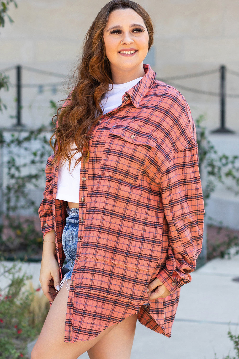 Plaid Long Sleeve Side Split Distressed Shirt