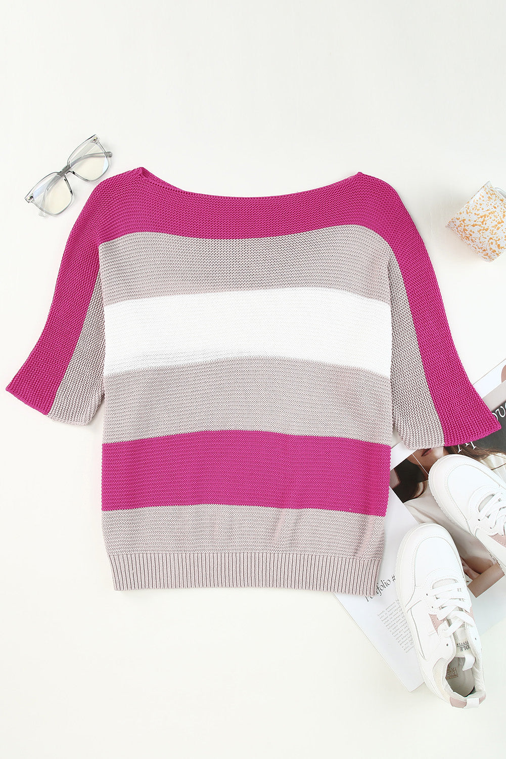 Stripe Knit Half Sleeve Sweater