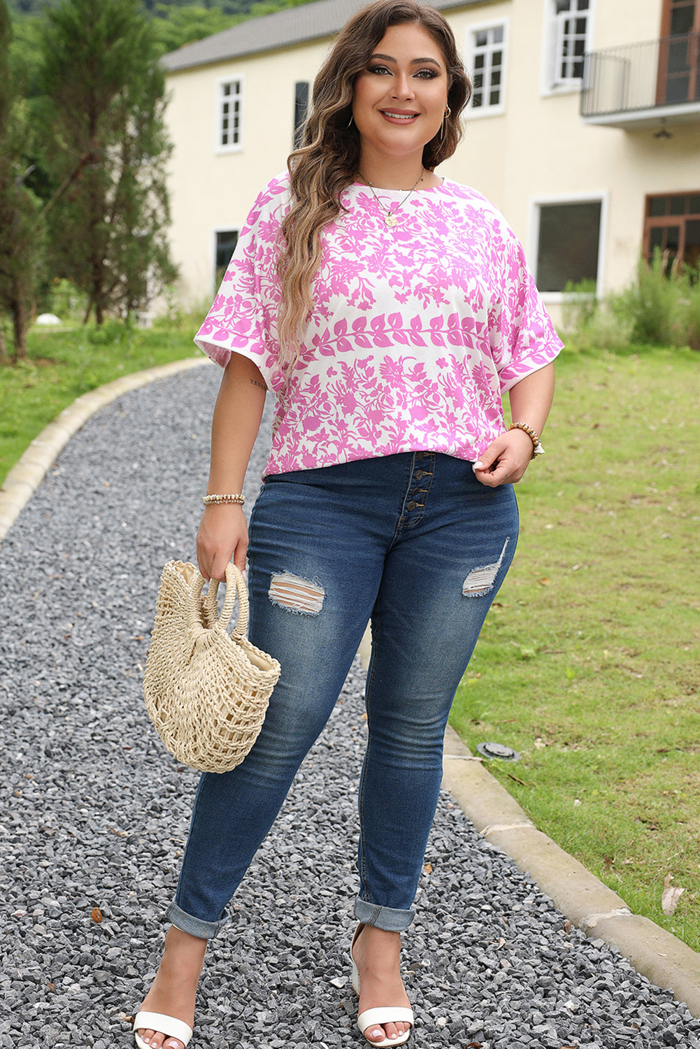 Floral Curved Hem Plus Size Top