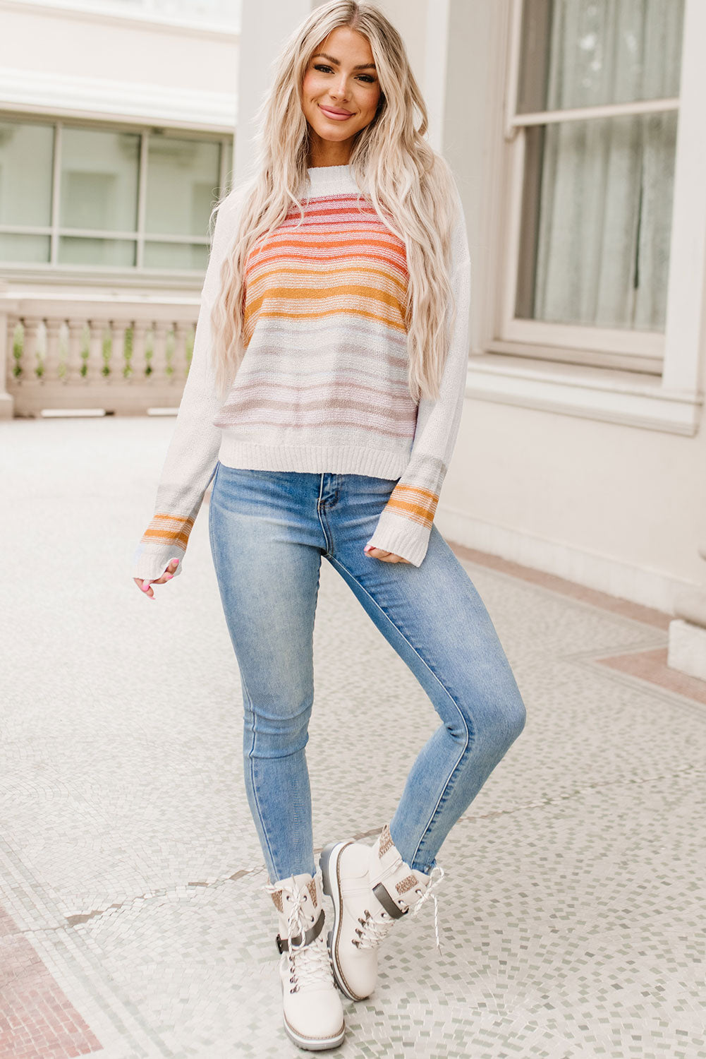 Poppy Stripe Long Sleeve Round Neck Sweater - Threaded Pear