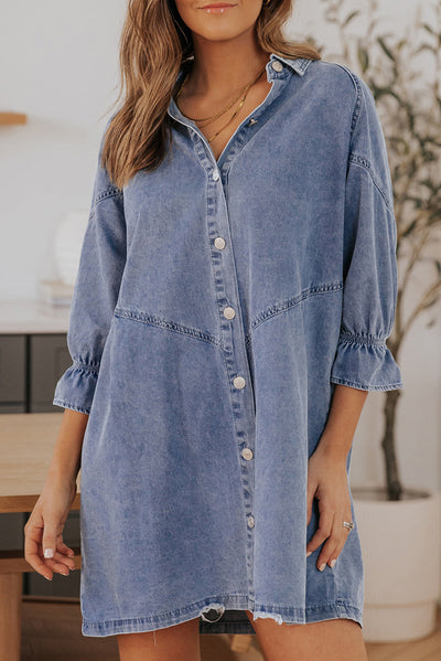 Londyn Buttoned Long Sleeve Denim Mini Dress - Threaded Pear