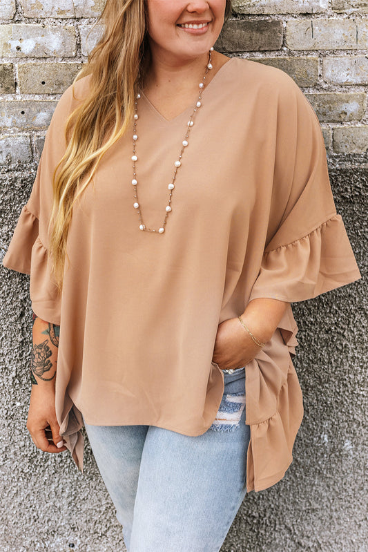 Plus Size Ruffled Batwing Sleeve V Neck Blouse