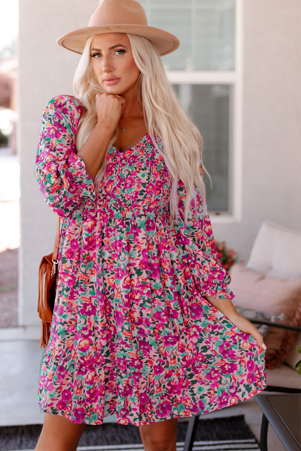 Mikaela Smocked V Neck Puffy Sleeve Floral Dress - Threaded Pear