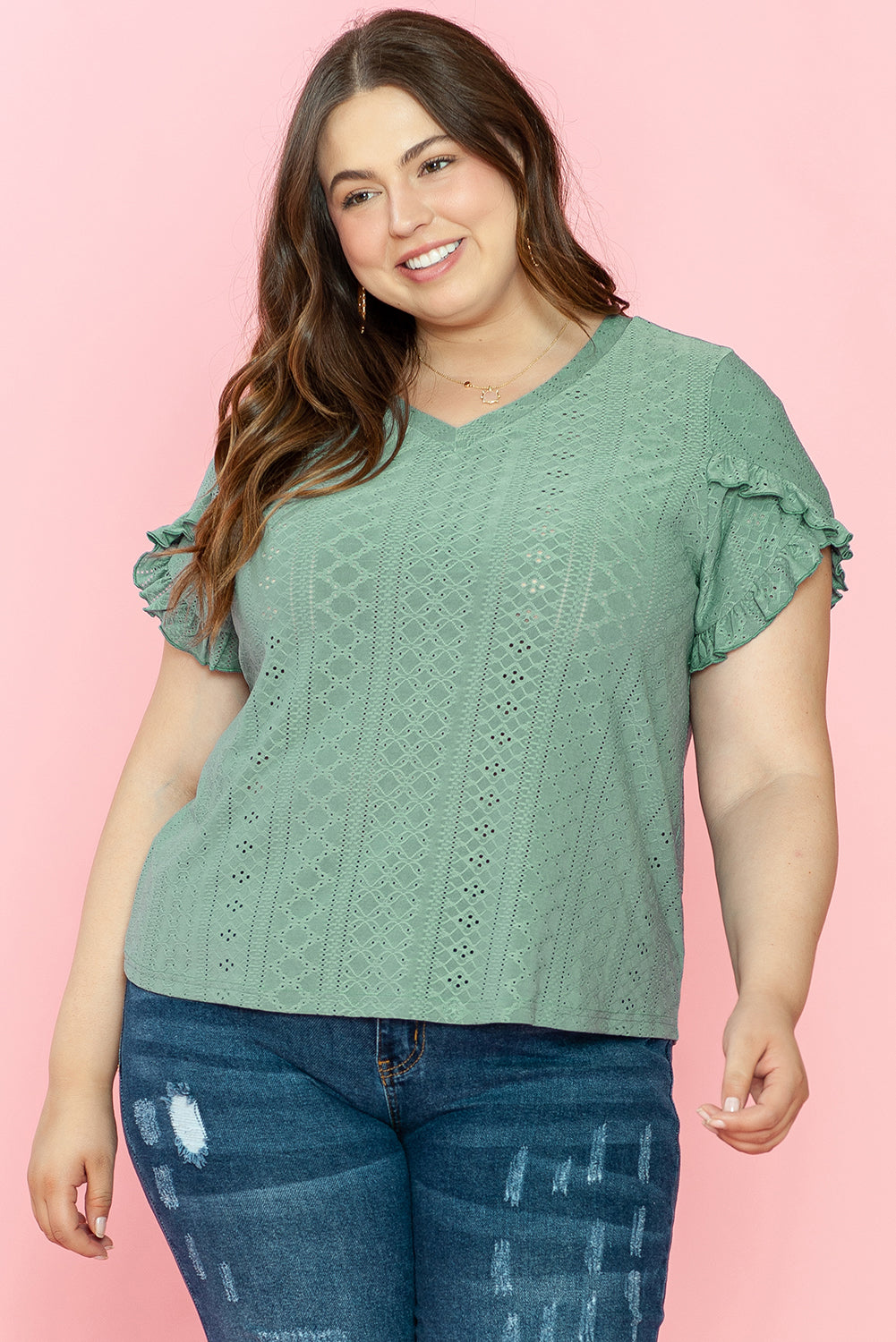 Lakelynn Petal Sleeve Jacquard V Neck Curvy Blouse - Threaded Pear