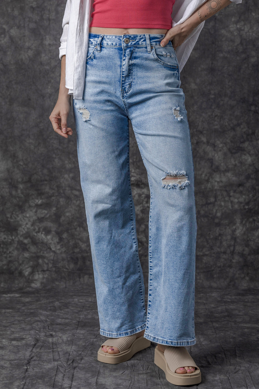 Giana High Rise Distressed Straight Leg Jeans - Threaded Pear