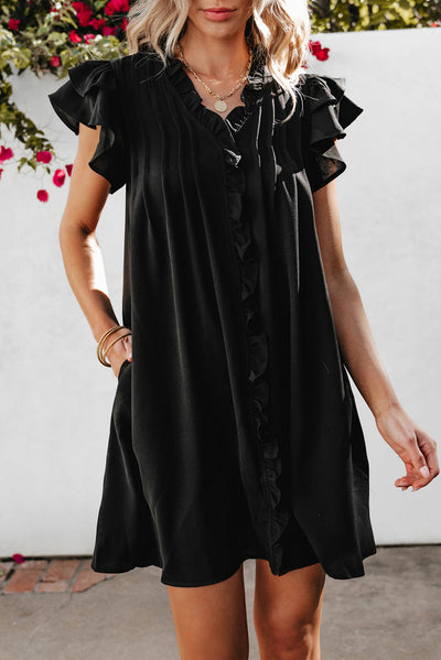 Pearl Ruffle Sleeve V Neck Frilled Shift Dress - Threaded Pear