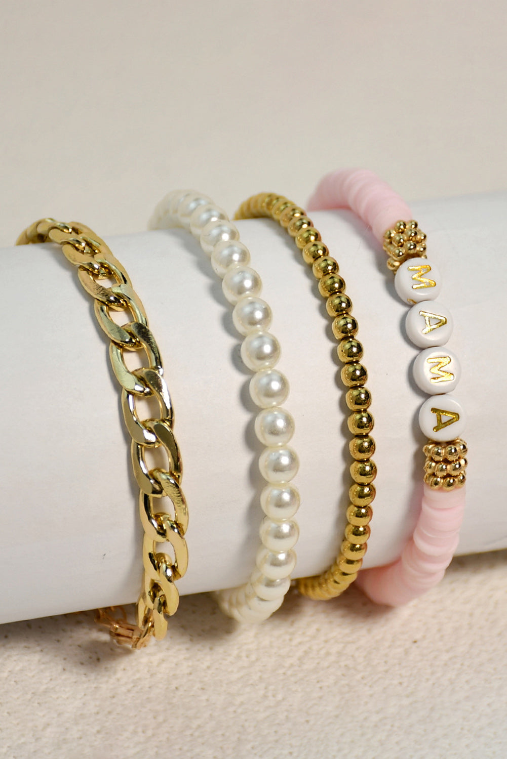 Gold 4PCS MAMA Pearls Beaded Chain Bracelets Set - Threaded Pear