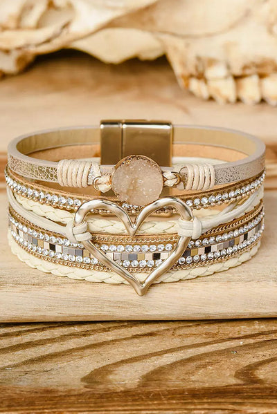 Beige Bohemian Heart Rhinestone Magnetic Buckle Bracelet - Threaded Pear