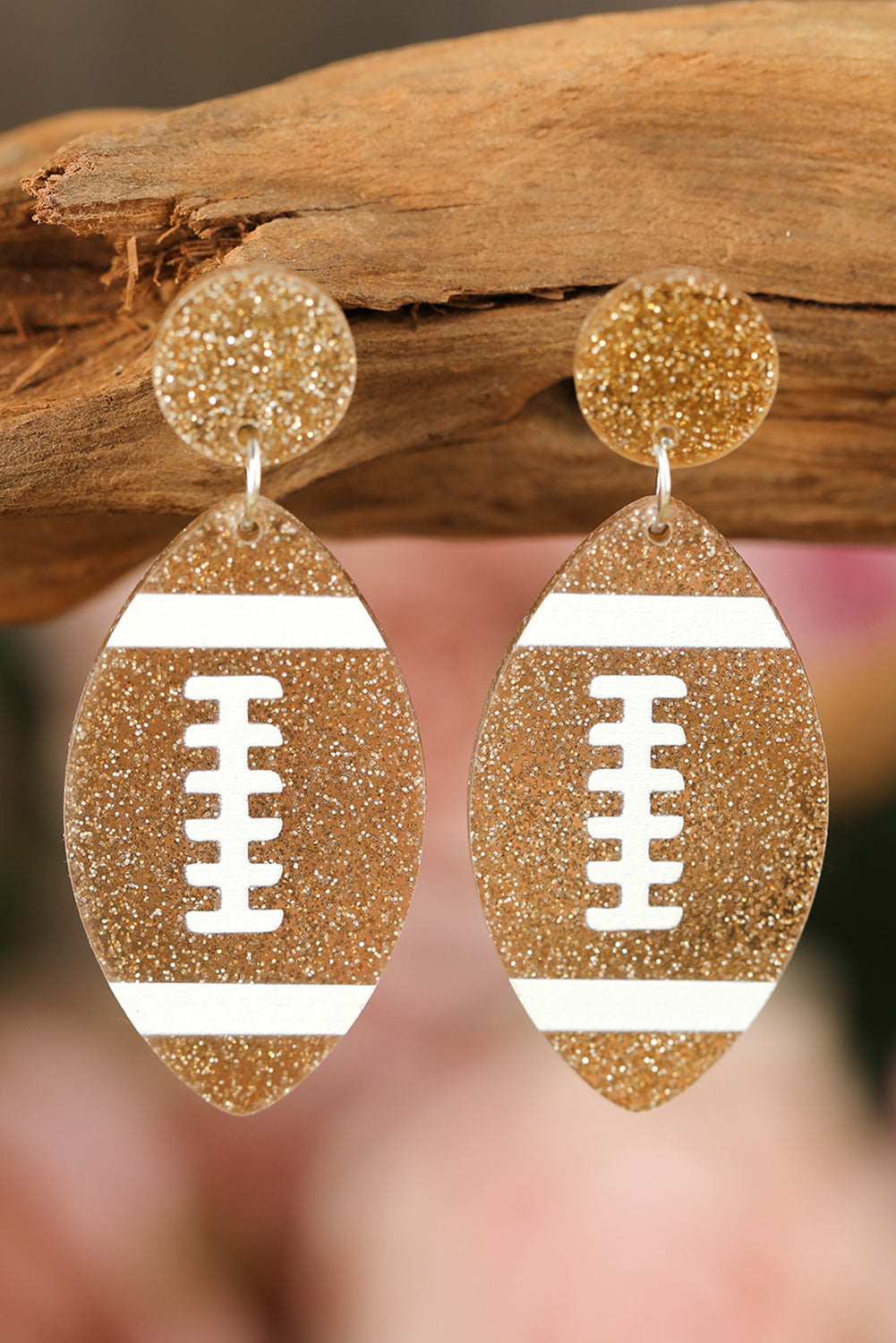 Brown Glittering Football Pendant Earrings - Threaded Pear