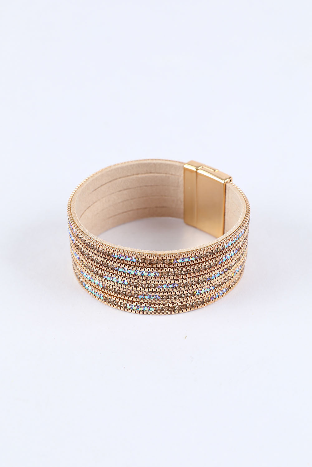 Gold Full Diamond Leather Wide Edge Magnetic Buckle Bracelet - Threaded Pear