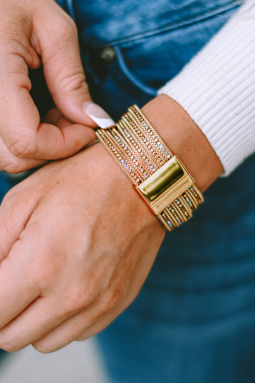 Gold Full Diamond Leather Wide Edge Magnetic Buckle Bracelet - Threaded Pear